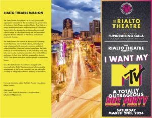 Tri-fold flyer including Rialto's Theatre Mission, an image of downtown, and information for the "I want my MTV" A Totally Outrageous 80s Party" on Saturday March 2nd, 2024.
