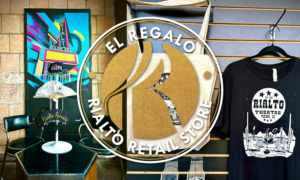 A combined group of photos featuring the Rialto Theatre painted mural by artist Jessica Gonzales featuring her neon-colored Rialto marquee. The mural is on the wall of the Rialto's new retail space, El Regalo. Photo also includes tote bags and t-shirts with art by Danny Martin. The El Regalo circular logo is featured in gold and white on top of the images.