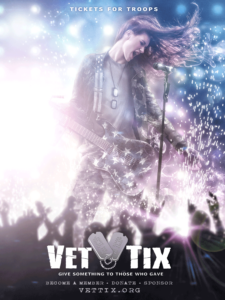 Copyrighted poster for VetTix, the veteran, active duty, and first responder ticketing organization that allows music venues like The Rialto Theatre to donate concert and other event tickets to those who serve our country. The poster features a woman on stage during a rock concert and her guitar is digitally altered to also look like a military weapon. The Vet Tix logo appears at the bottom of the image.