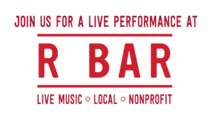 Join us for a live performance at R Bar. Image has a white background and red text.
